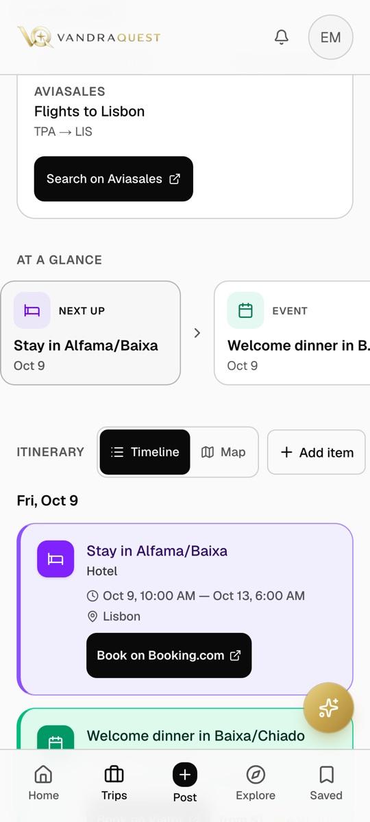 VandraQuest itinerary on a phone
