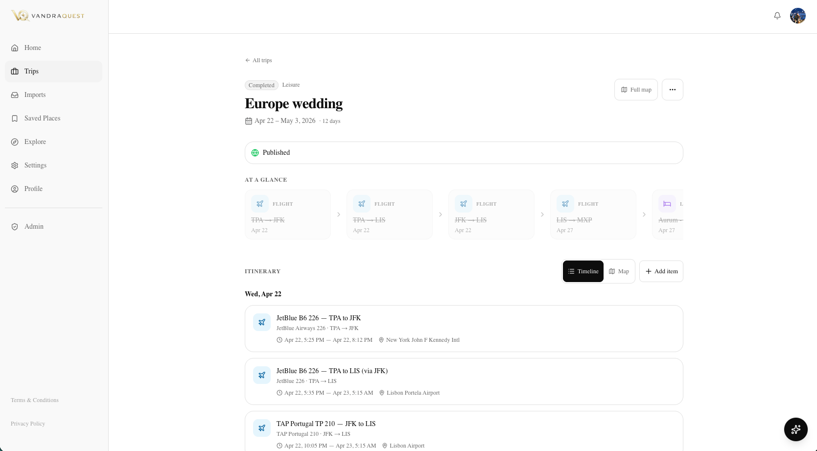 VandraQuest trip itinerary view